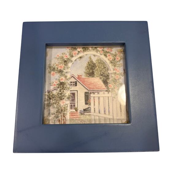 Vtg 90s Terragrafics Mini Framed Cottage Print Blue 4.5"x4.5" JC Penney Country - Picture 2 of 6